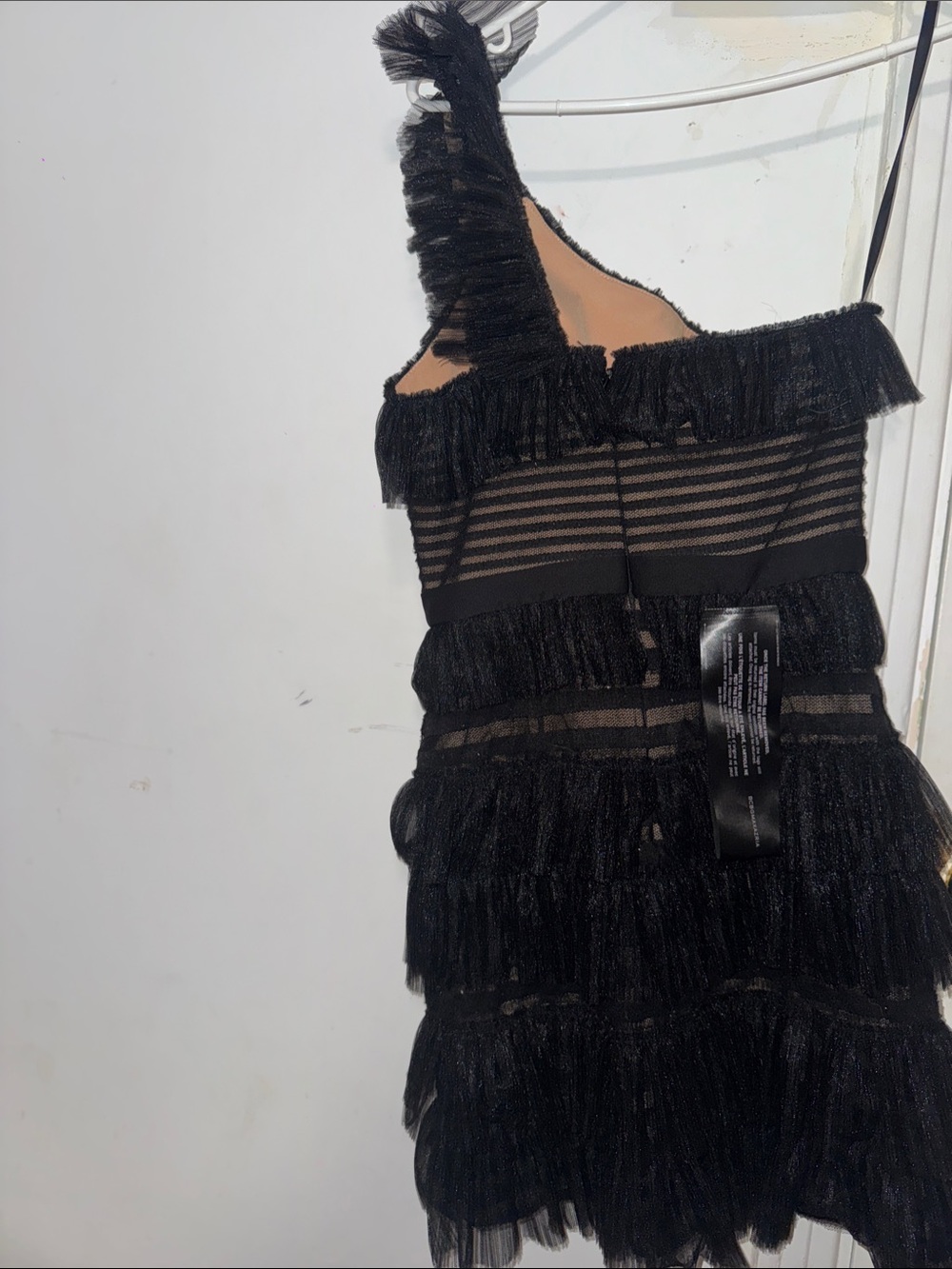 BCBGMaxAzria Black One-Shoulder Fringe Tiered Mini Dress